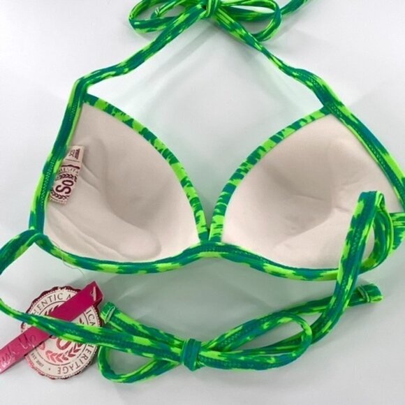 SO Bikini Swimsuit Halter Top Junior Sz XS Neon Animal Print Green Ruched Center - Picture 4 of 13